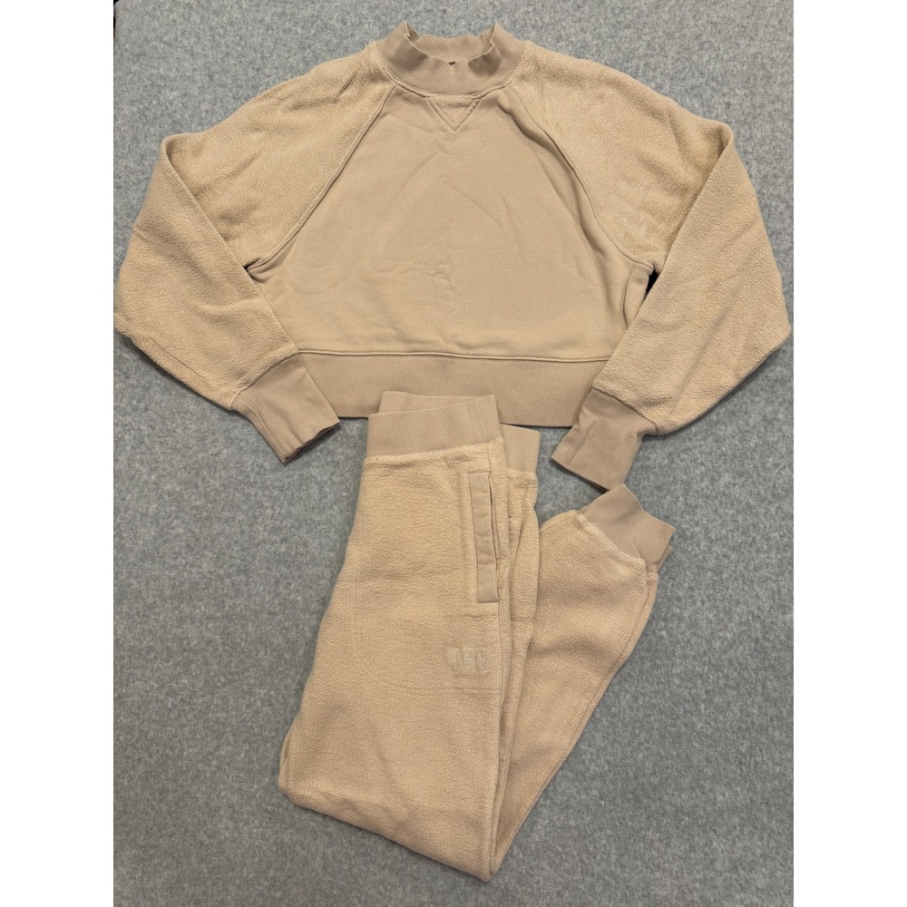 UGG Women Tan Cotton Two Piece Lounge Set Cropped Sweatshirt Joggers M